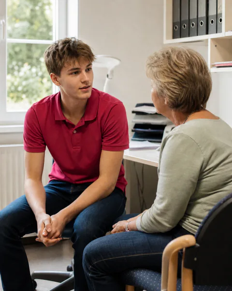 Mitarbeiter im Beratungsgespräch mit einer Seniorin im Büro