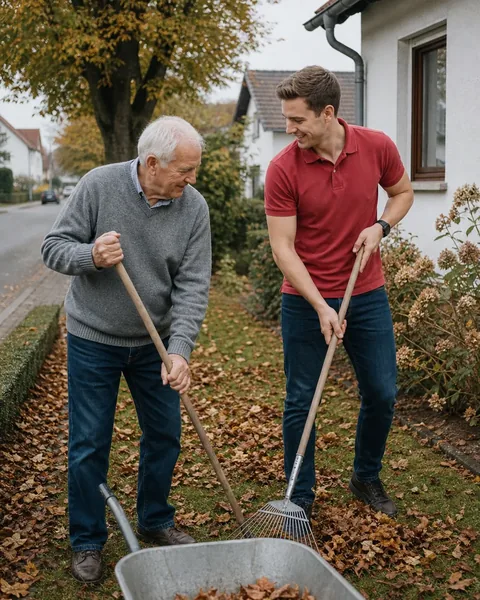 Alltagshelfer und älterer Herr rechen gemeinsam Herbstlaub im Vorgarten