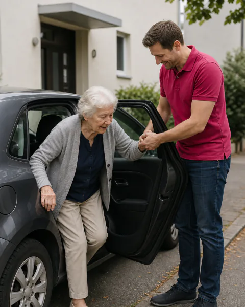 Alltagshelferin hilft einer älteren Dame beim Aussteigen aus dem Auto