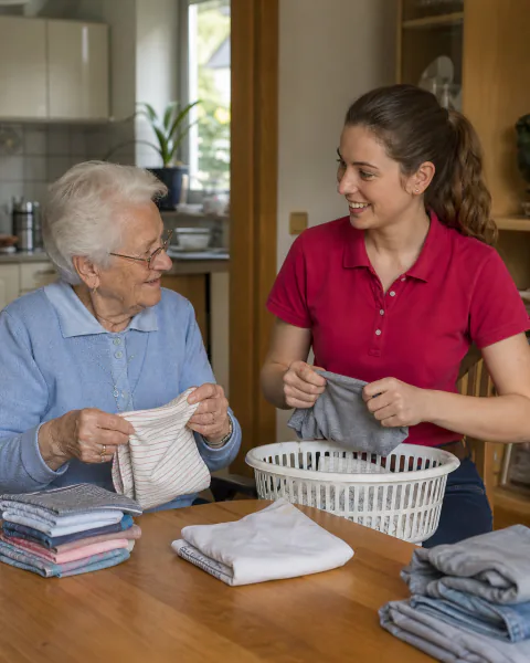 Haushaltshilfe und Seniorin legen gemeinsam Wäsche zusammen