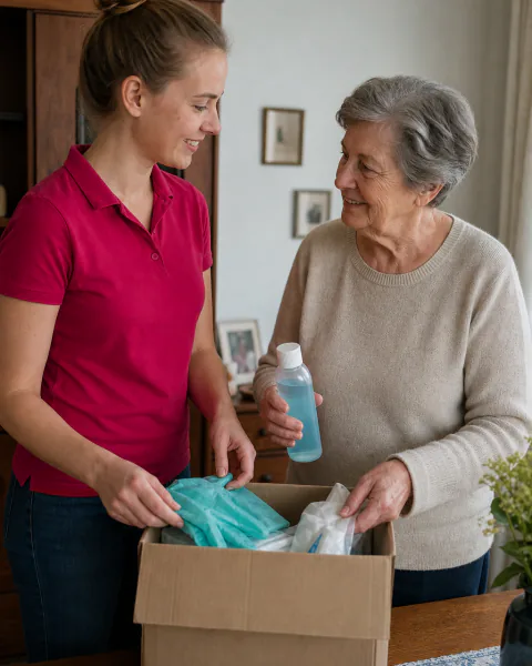 Alltagshelferin packt mit einer Seniorin eine Pflegebox aus