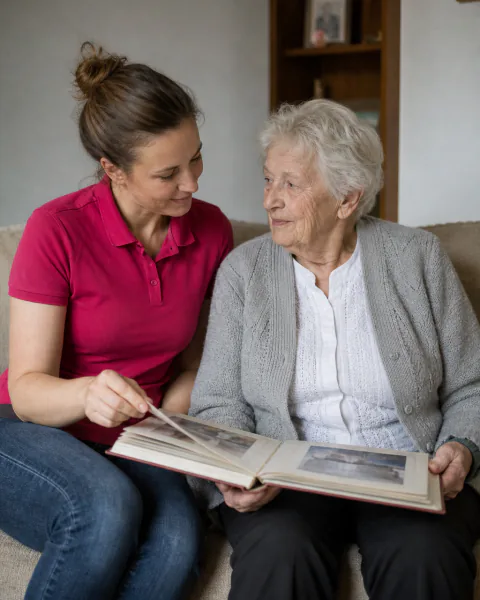 Betreuerin und Seniorin schauen gemeinsam ein Fotoalbum an