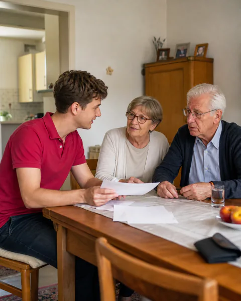 Beraterin spricht mit einem älteren Ehepaar am Esstisch
