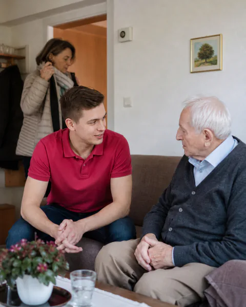 Alltagshelferin leistet einem älteren Herrn Gesellschaft, während die Tochter aufbricht
