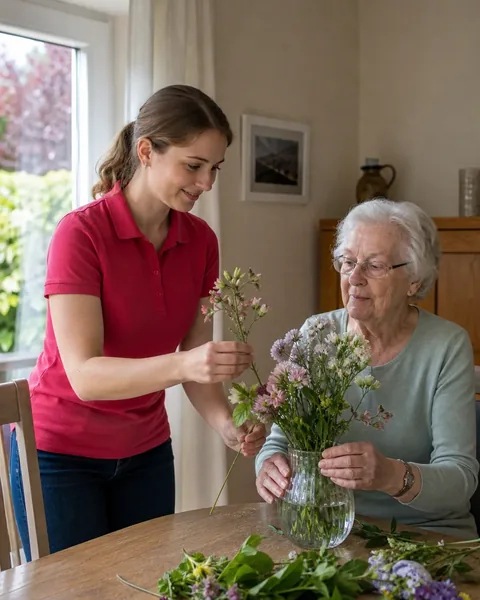 Betreuerin und ältere Dame stellen gemeinsam Blumen in eine Vase