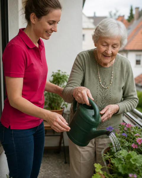 Alltagshelferin und Seniorin gießen Blumen auf dem Balkon