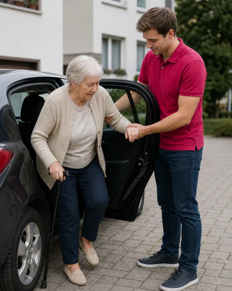 Alltagshelferin hilft einer älteren Dame beim Aussteigen aus dem Auto