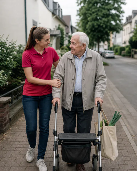 Alltagshelferin begleitet einen älteren Herrn mit Rollator