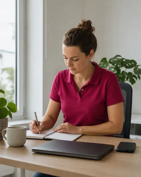 Frau im Polohemd plant an einem Schreibtisch in einem hellen kleinen Büro ihre Woche