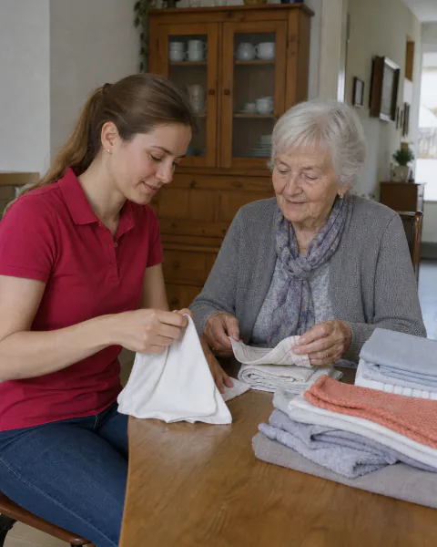 Haushaltshilfe und Seniorin legen gemeinsam Wäsche zusammen
