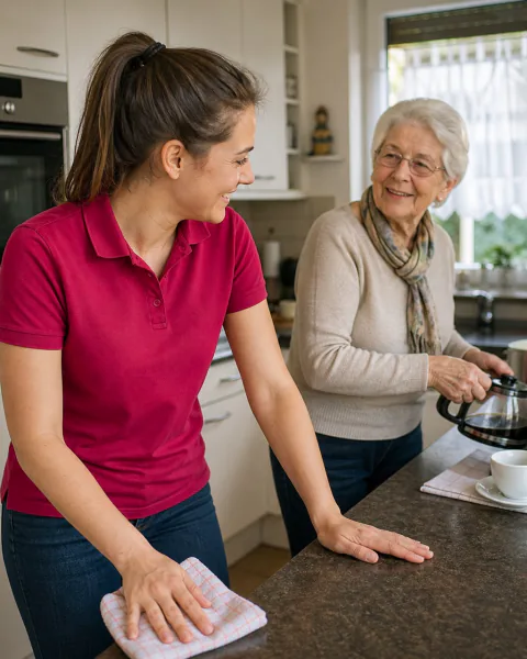 Haushaltshilfe wischt die Küchenarbeitsplatte, die Seniorin kocht Kaffee