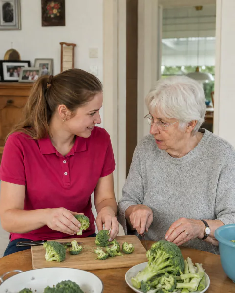 Betreuerin und Seniorin schneiden gemeinsam Gemüse