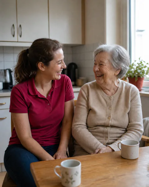 Alltagshelferin und ältere Dame lachen gemeinsam am Küchentisch