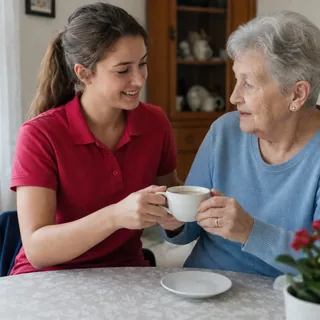 Alltagshelferin und Seniorin trinken gemeinsam Kaffee