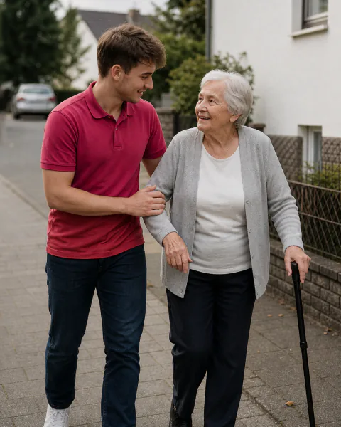Alltagshelfer begleitet eine Seniorin beim Spaziergang durch eine Wohnstraße