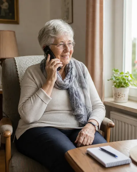 Seniorin telefoniert lächelnd im Sessel am Fenster