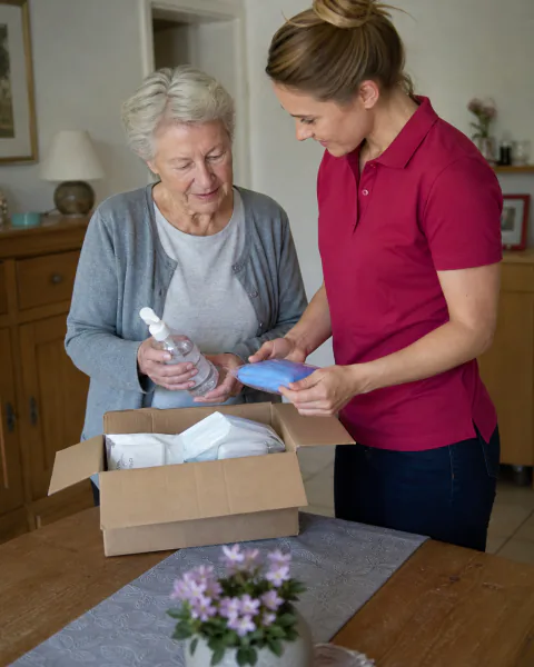 Alltagshelferin packt mit einer Seniorin eine Pflegebox aus