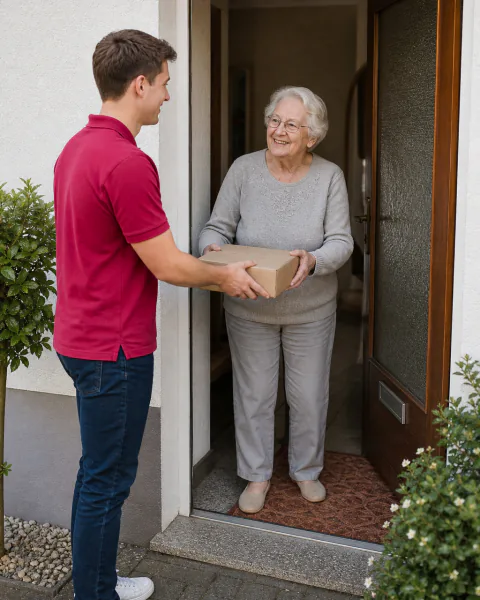 Seniorin nimmt an der Haustür ein Paket entgegen