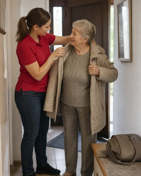 Alltagshelferin hilft einer Seniorin im Flur in den Mantel