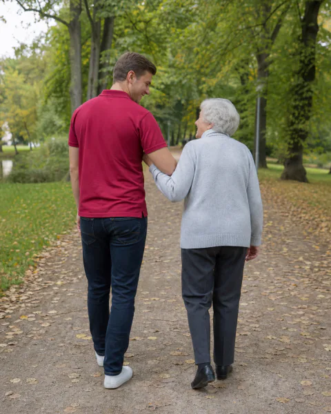 Betreuerin und Seniorin spazieren untergehakt durch einen Park