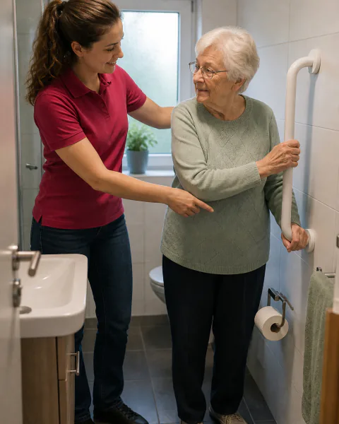 Beraterin zeigt einer Seniorin einen Haltegriff im Bad