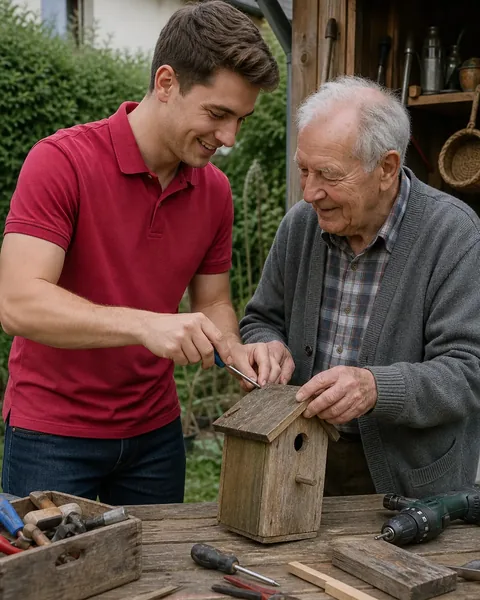 Alltagshelfer und älterer Herr reparieren gemeinsam ein Vogelhaus an der Werkbank im Garten