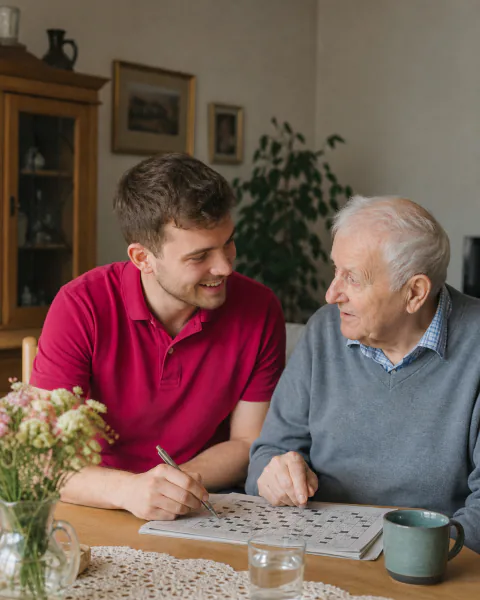 Betreuerin und älterer Herr lösen gemeinsam ein Kreuzworträtsel