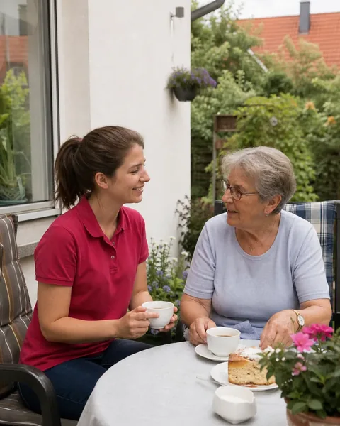 Betreuerin und Seniorin trinken Kaffee auf der Gartenterrasse